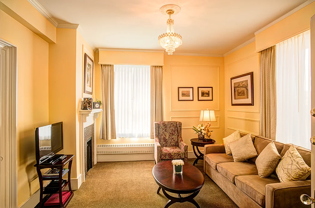Parlour room with sofa, window, and comfortable chair