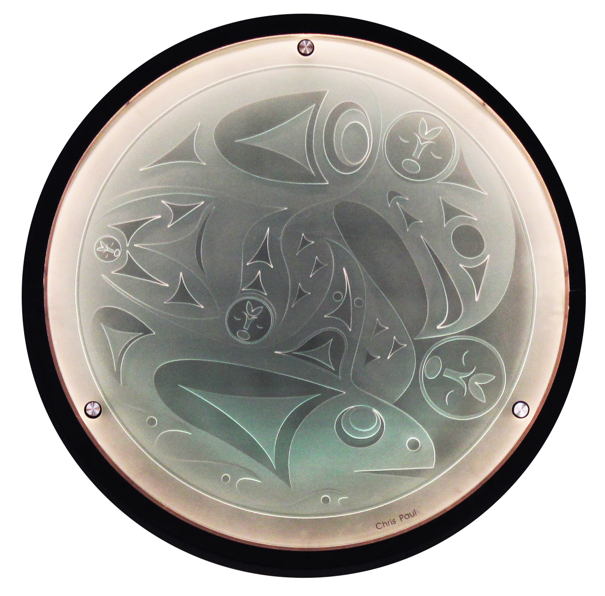 Round etched glass image with a wooden mounting, done in a First Nations style