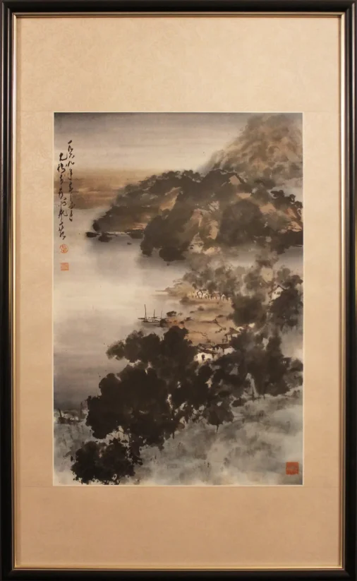 A beautiful landscape paintied in dark colors in an Asian style